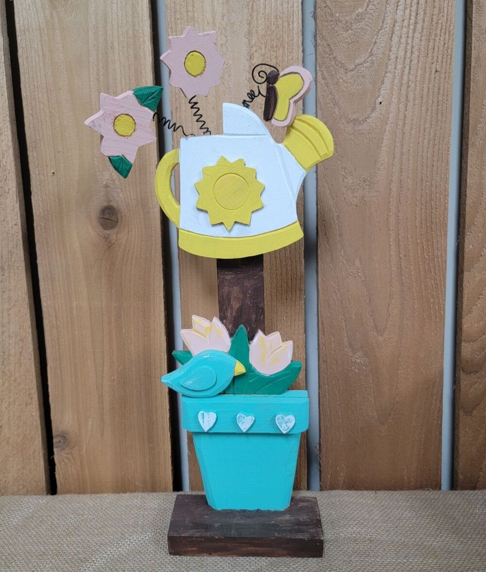Handpainted Spring Wooden Garden Decor Flowerpot Watering Can Flowers Bird